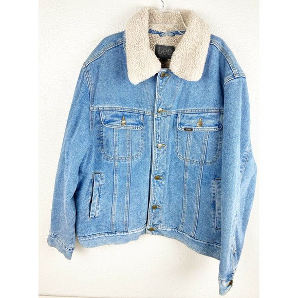 Vtg Lee Men Large Sherpa Lined Denim Jean Trucker Jacket-Detachable Collar EUC